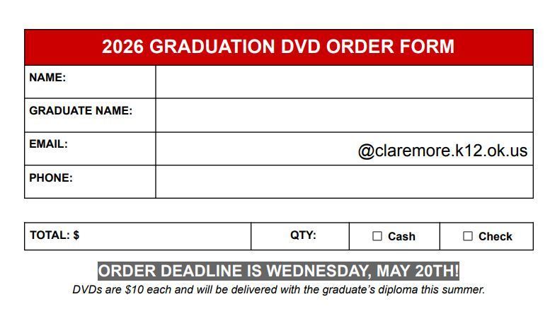 🎓 2026 Graduation DVDs Now Available!  Capture the memories of graduation with a 2026 Graduation DVD.  • Cost: $10 per DVD • Order Deadline: Wednesday, May 20 • Payment Options: Scan the QR code or bring cash/check to Room 502 • Distribution: DVDs will be given out with graduation diplomas this summer  Don’t miss your chance to keep this special moment!