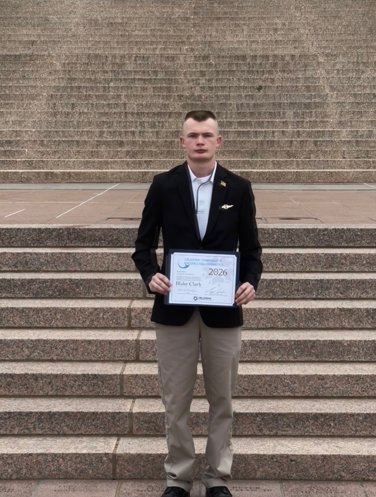 Blake Clark was honored on the floor of the Oklahoma House of Representatives at the State Capitol for his excellence in the classroom, earning recognition as one of the ODAA Students of the Month.  This recognition took place during AERO Oklahoma, the largest aviation gathering in the state, where industry leaders filled the Capitol Rotunda to showcase their work and connect with students. Featured speakers included Governor Kevin Stitt and former NASA Director Jim Bridenstine.  This invitation-only event highlighted some of the state’s top talent, and Blake was called forward as his biography was read and he was recognized on the House floor—an incredible honor and a moment to be proud of.