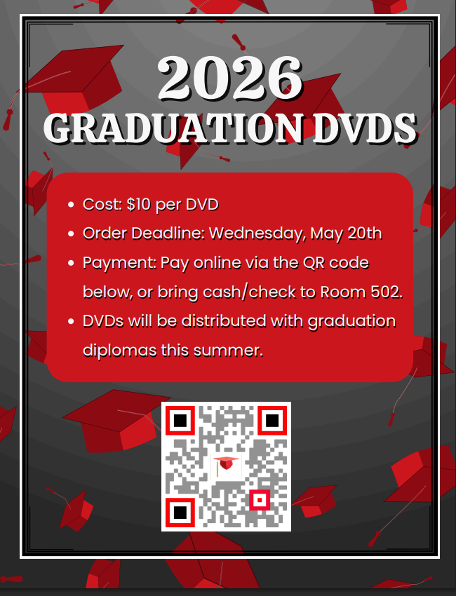 🎓📀 Capture Your 2026 Graduation Memories! 📀🎓 Don’t miss your chance to relive graduation day with a 2026 Graduation DVD! • Cost: $10 per DVD • Order Deadline: Wednesday, May 20th • Payment Options: – Scan the QR code – OR pay online here: https://claremoreok.infinitecampus.org/campus/store/claremore/school-store/6/1/products – OR bring cash/check to Room 502 • Delivery: DVDs will be distributed with diplomas this summer 📋 Order form available here: https://aptg.co/C3Zt8V Grab yours today and hold onto this milestone forever! 🎉