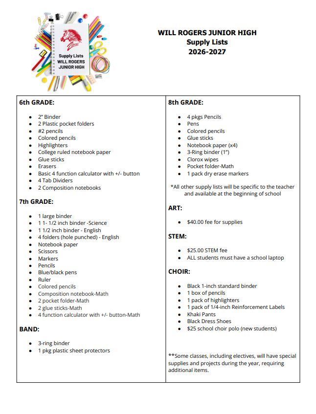 SCHOOL SUPPLY LISTS FOR 26+-27 SCHOOL YEAR