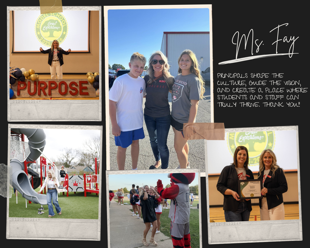 A photo collage celebrating a school principal. The collage features multiple candid moments including the principal standing in front of a ‘Purpose’ display, smiling with two students outdoors, walking on a playground, interacting with students during a spirited school event, and receiving a certificate. The design includes a handwritten-style message that reads: ‘Principals shape the culture, guide the vision, and create a place where students and staff can truly thrive. Thank you.’ The name ‘Ms. Fay’ is written prominently on the right side.”