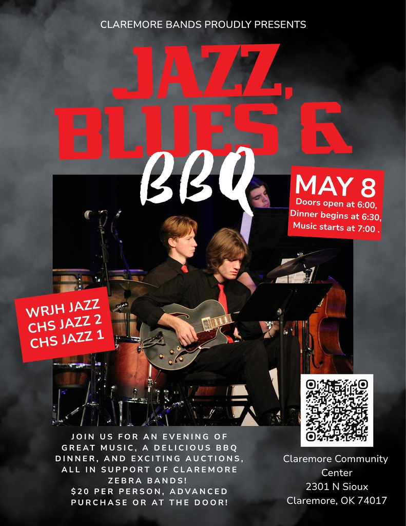 Claremore Bands proudly presents Jazz, Blues and BBQ on May 8th at the Claremore Community Center found at 2301 N Sioux Claremore, ok 74017. See post for full details