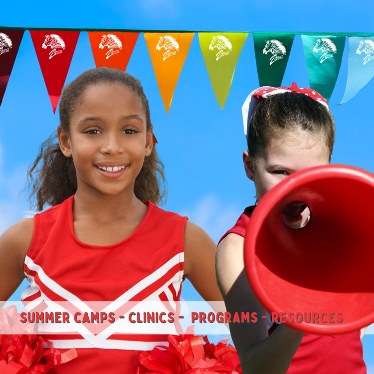 two cheerleaders in uniform with pom-poms and a megaphone