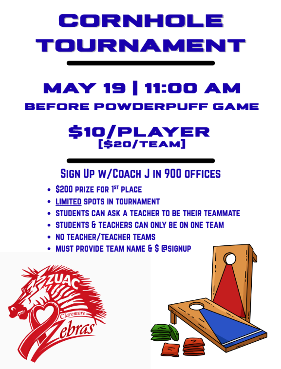 🏆 Cornhole Tournament 🏆  Grab a partner and join the fun!  📅 May 19 before the Powderpuff game ⏰ 11:00 AM 💲 $10 per player / $20 per team  💰 $200 Prize for 1st Place  📍 Sign up with Coach J in the 900 office ⚠️ Limited spots available  Rules: • Students may ask a teacher to be their teammate • Students & teachers can only be on ONE team • No teacher vs. teacher teams • Each team must provide a team name + payment at sign-up  Get your team together and compete for the win! 🏅