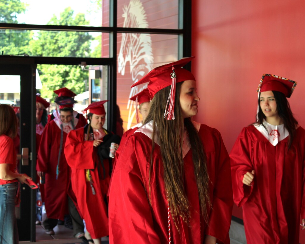 Students walking into the building