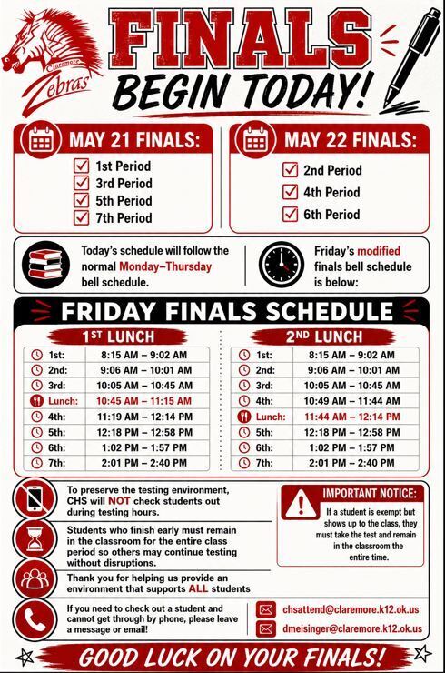 📣 Finals Begin Today! 🖊️ Please read the flyer for important testing information regarding finals schedules, student checkouts, and testing procedures. 📚⌛📵