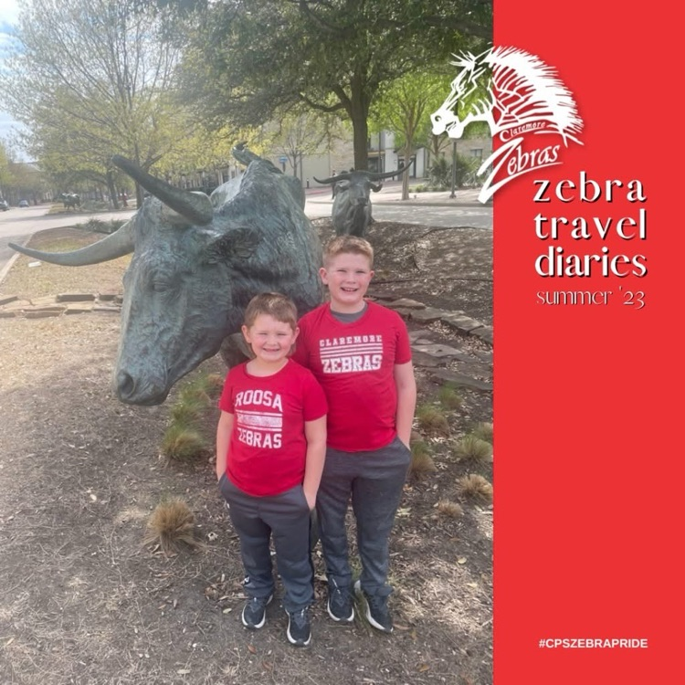 boys in zebra logo shirts in front of bull statue