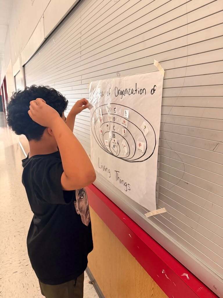 Junior high students having class in the hall