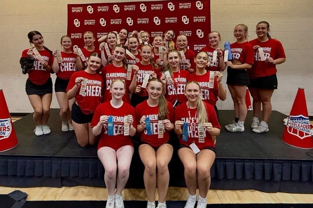 Claremore High School cheer team at camp.