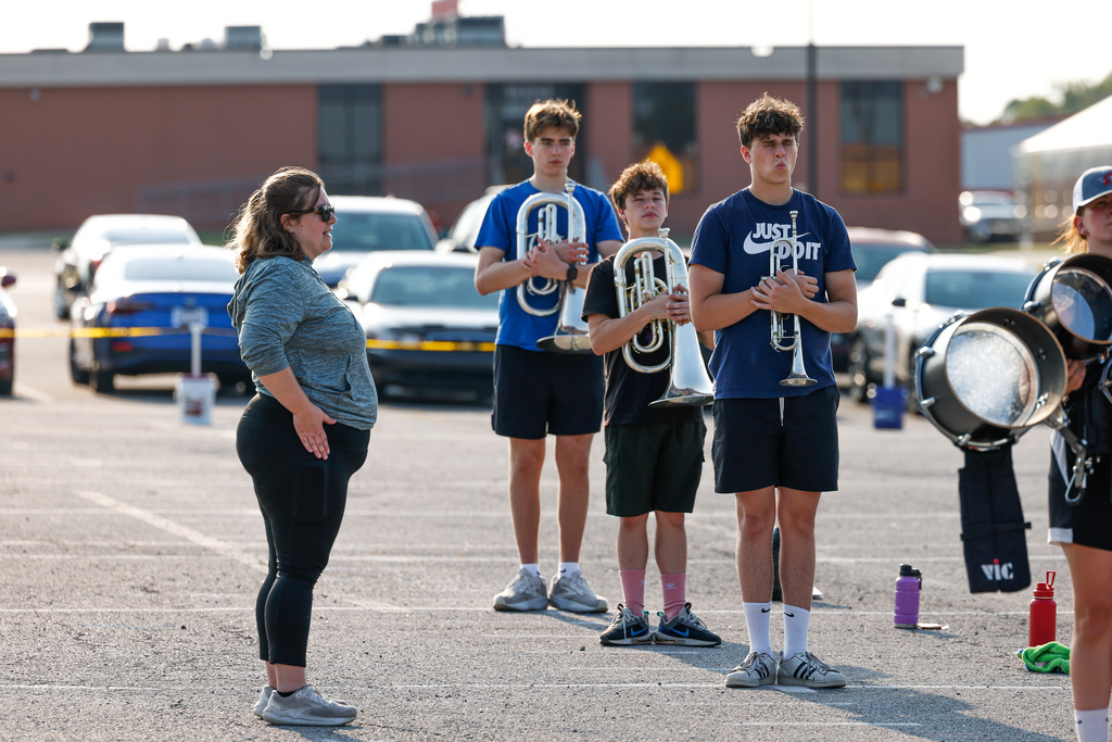 Marching band campers working on their steps at camp.