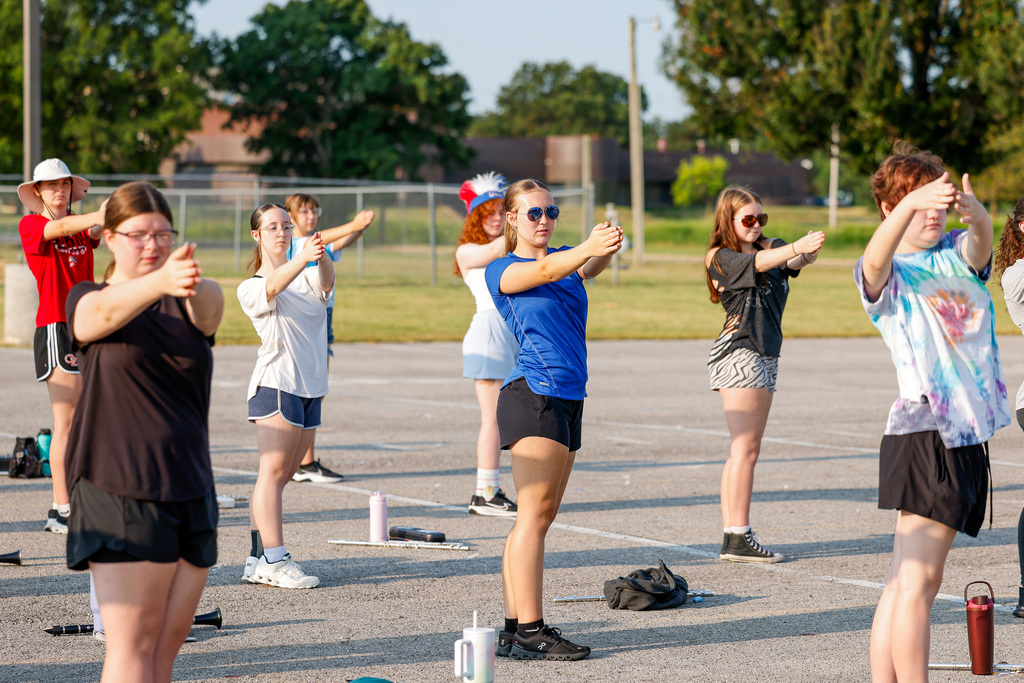Marching band campers working on their steps at camp.