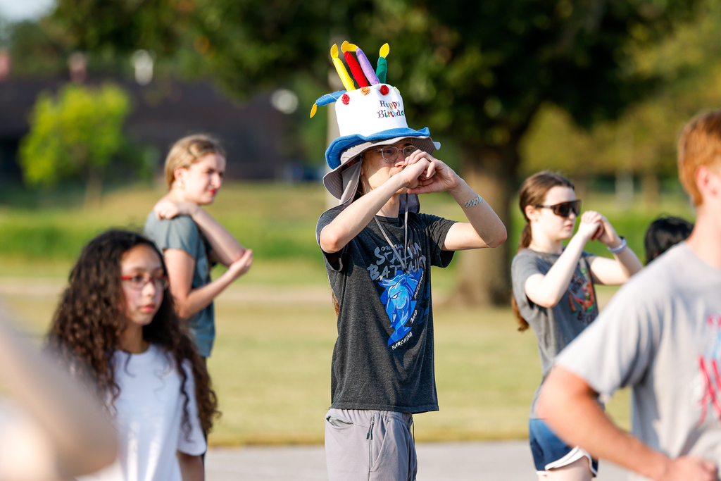 Marching band campers working on their steps at camp.