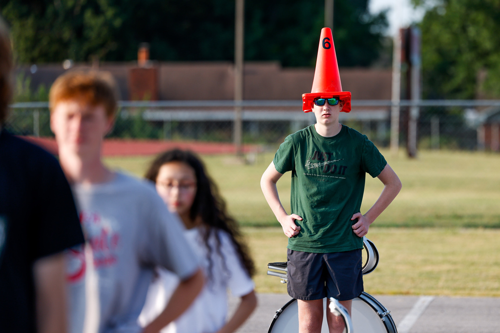 Marching band campers working on their steps at camp.