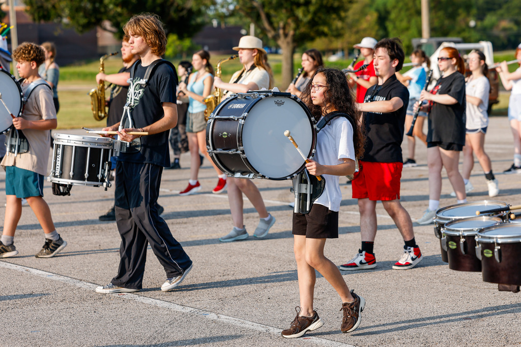 Marching band campers working on their steps at camp.