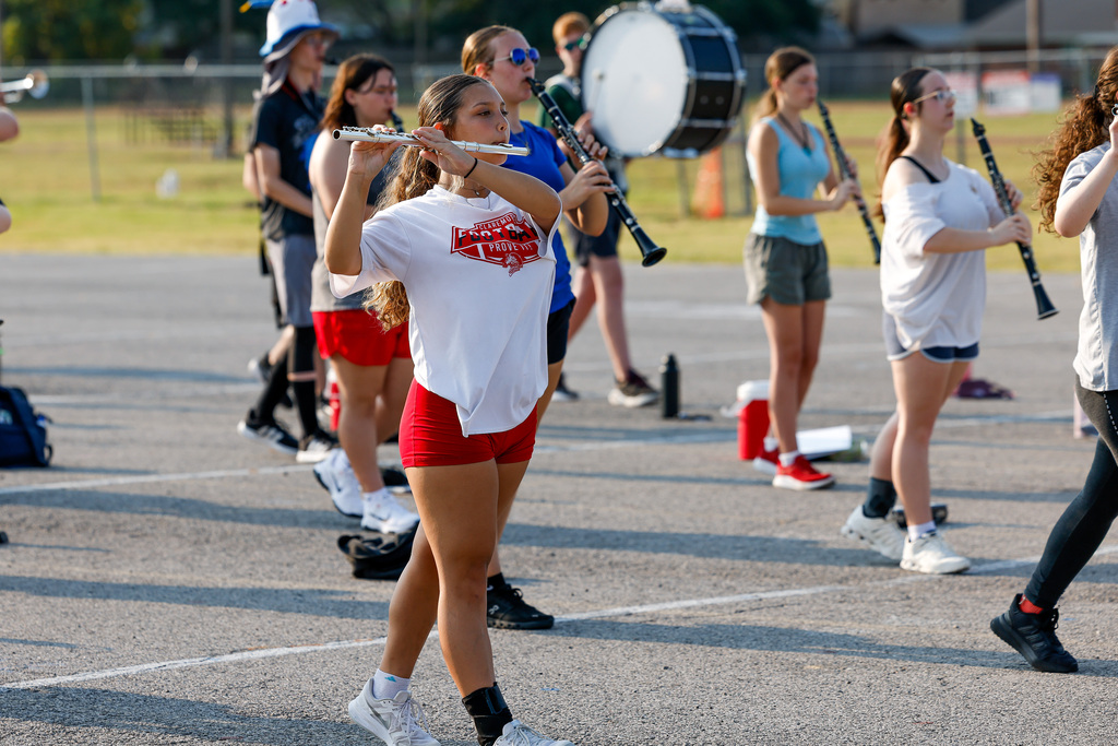 Marching band campers working on their steps at camp.