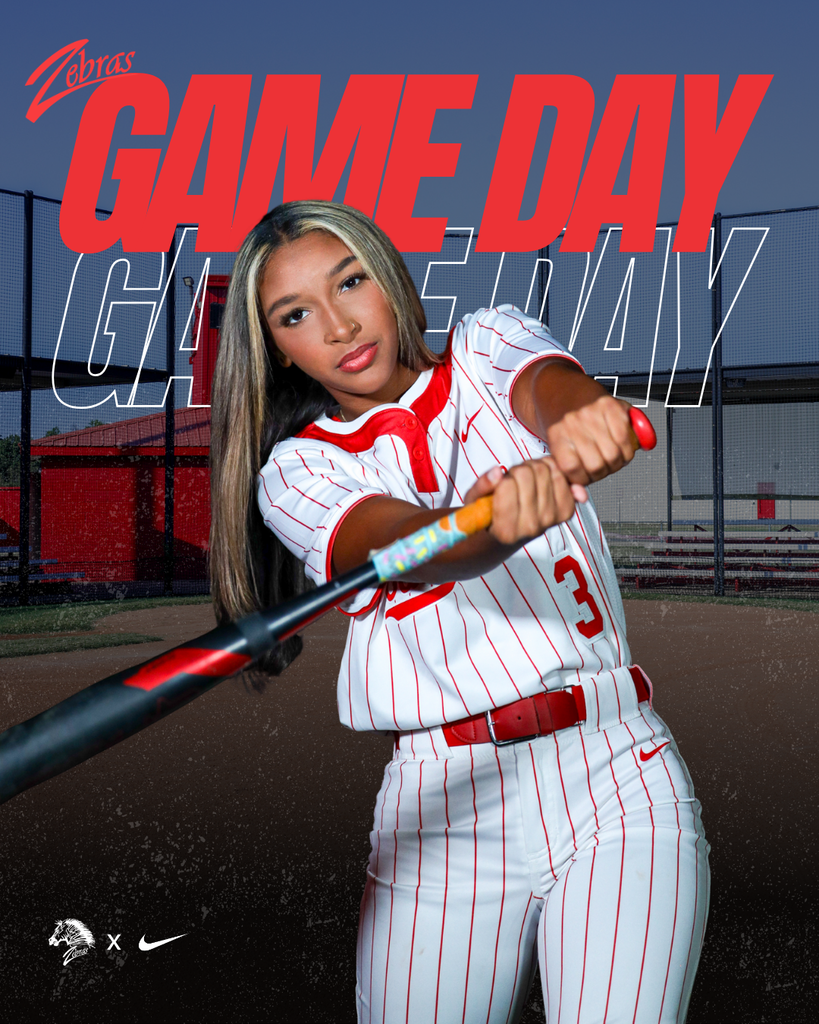 Softball player swinging bat on game day graphic