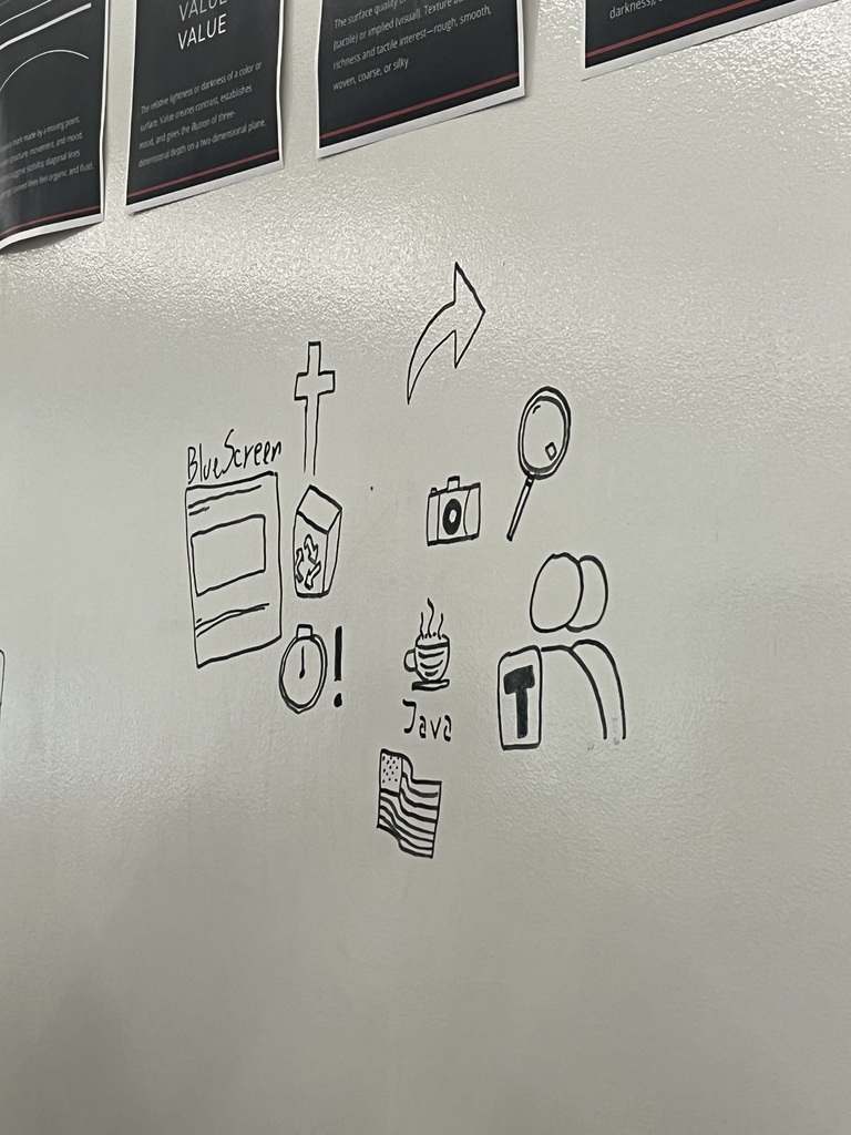 Graphic Design II raced against time to draw icons after being given one keyword. Icons are an important visual communications tool and building block for logo and identity design. The students were given 60 seconds to draw a simple, clear, concise icon for keywords that got progressively harder. They started with "camera" and ended with "chaos". Some great icon ideas were created, and a lot of fun was had!