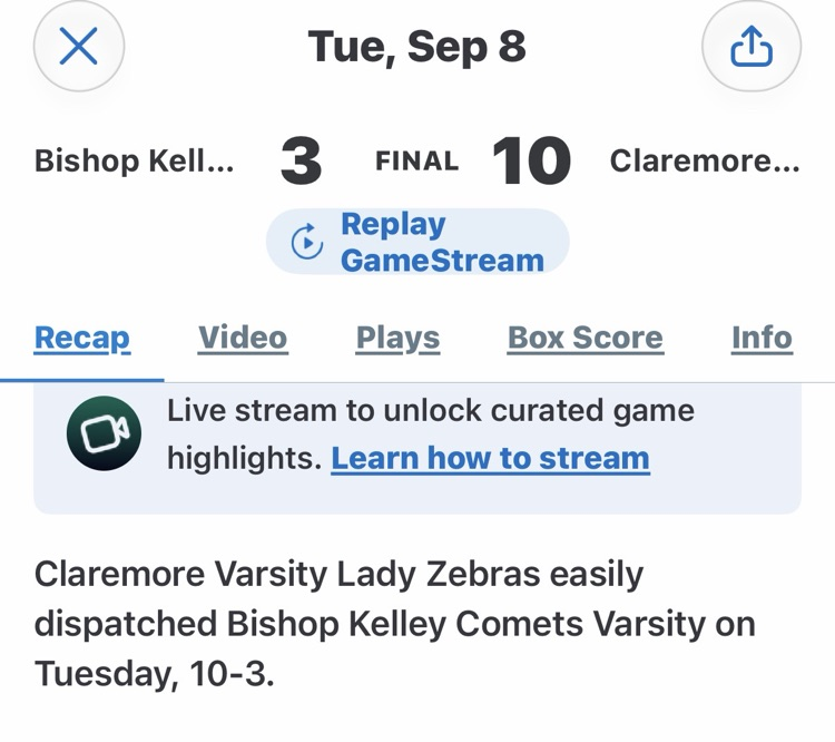9/8: Softball Score for the Lady Zebras.