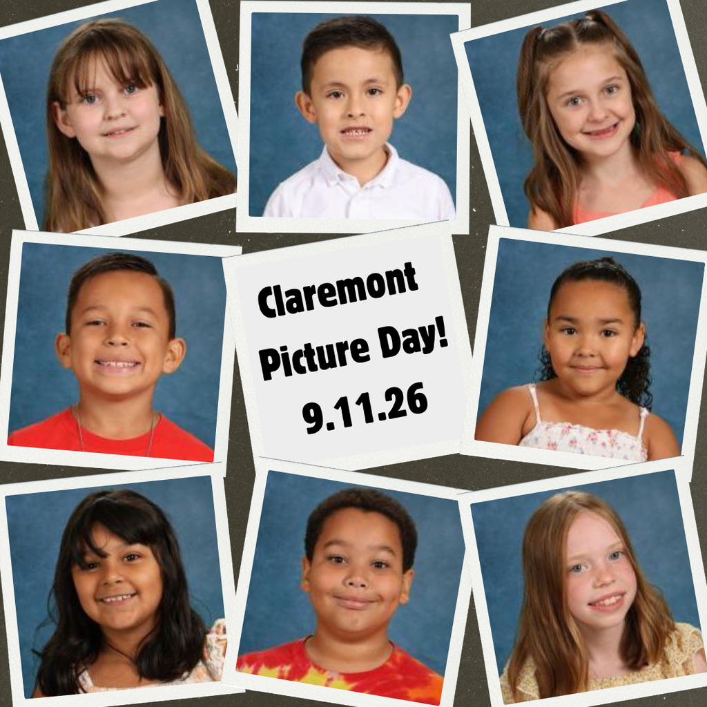 flyer of 8 students smiling with a blue background. words say claremont picture day, 9-11-26!
