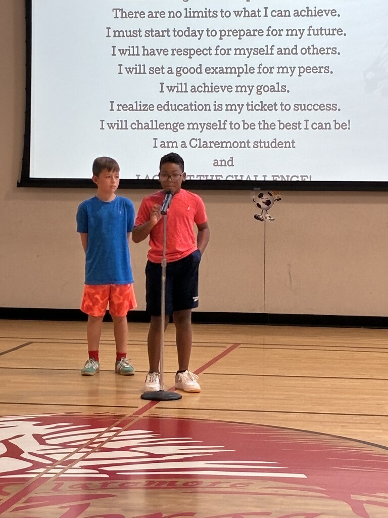 Two boys standing and smiling at the microphone