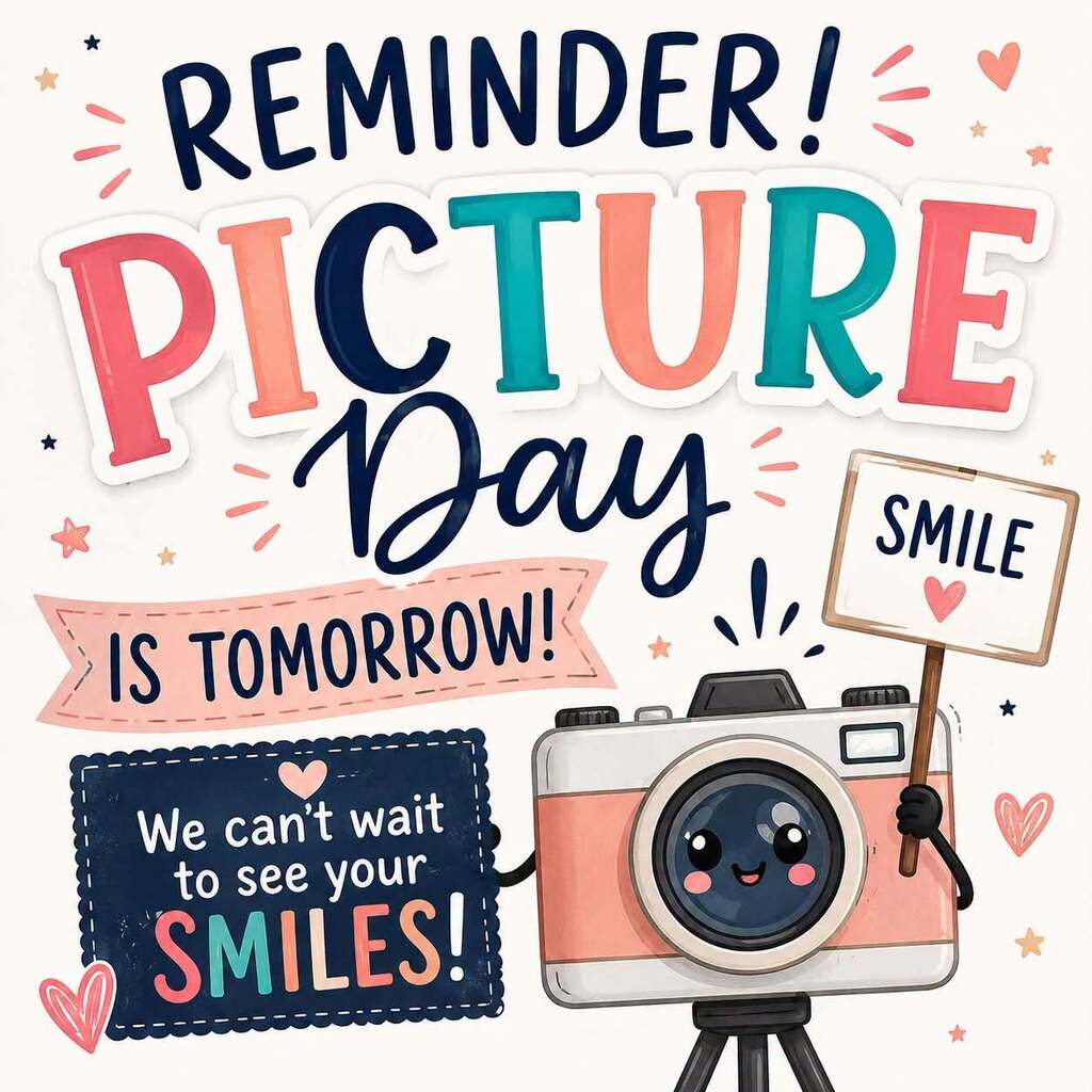 Colorful school picture day reminder graphic with large text reading, “Reminder! Picture Day is tomorrow! We can’t wait to see your smiles!” The design features a cute illustrated pink camera holding a sign that says “Smile,” surrounded by hearts, stars, and colorful accents on a cream background.