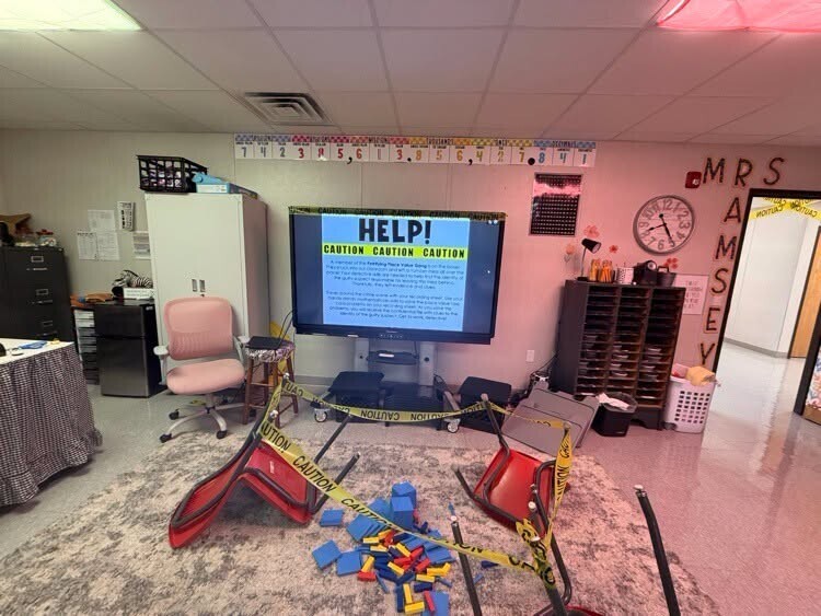 Elementary classroom set up for math activity.