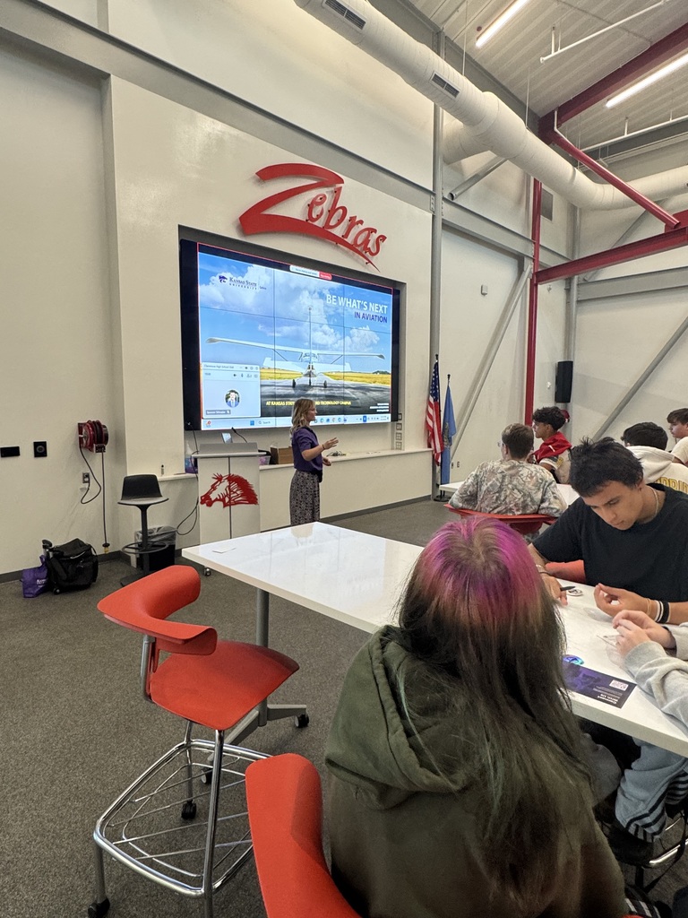 ✈️ Exploring the Future of Aviation!  Our 9–12 grade Aviation students had the opportunity to welcome Meagan Parkins from Kansas State University to campus. She shared information about educational programs and career opportunities for students interested in pursuing a future in aviation.  Kansas State’s Aviation and Technology Campus is about four hours from Claremore and is currently constructing a $30 million aviation facility, making it an exciting option for students looking to continue their aviation education after high school.  We appreciate Meagan taking the time to connect with our students and give them a closer look at the opportunities available in the aviation industry!  The future is looking up for our Flying Zebras!