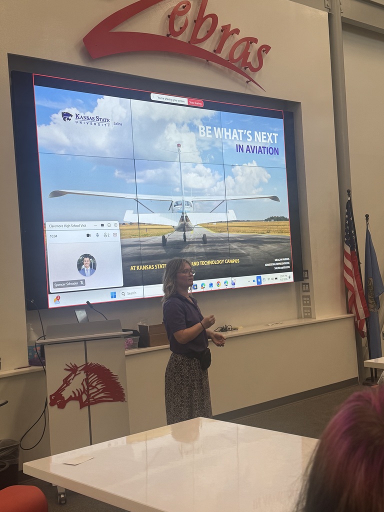 ✈️ Exploring the Future of Aviation!  Our 9–12 grade Aviation students had the opportunity to welcome Meagan Parkins from Kansas State University to campus. She shared information about educational programs and career opportunities for students interested in pursuing a future in aviation.  Kansas State’s Aviation and Technology Campus is about four hours from Claremore and is currently constructing a $30 million aviation facility, making it an exciting option for students looking to continue their aviation education after high school.  We appreciate Meagan taking the time to connect with our students and give them a closer look at the opportunities available in the aviation industry!  The future is looking up for our Flying Zebras!