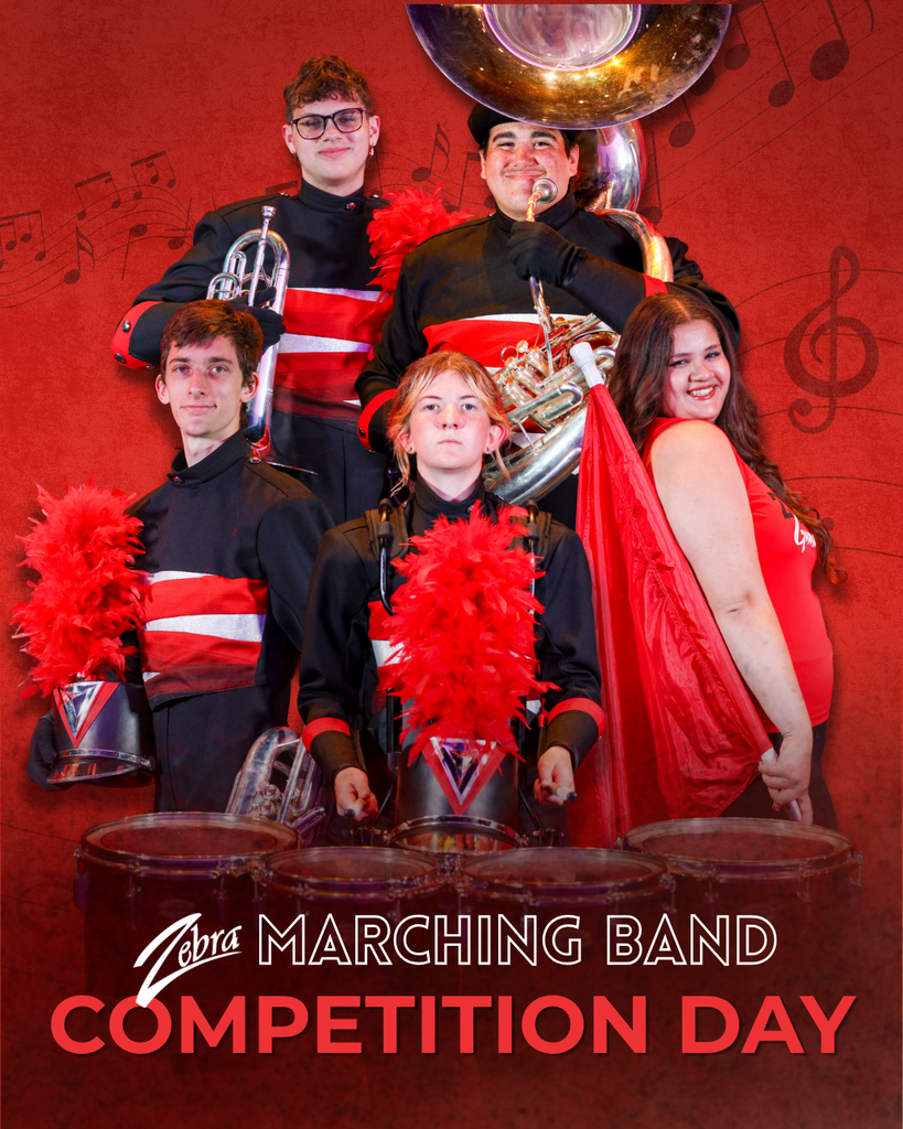 Band members in uniform with instruments on competition day graphic.