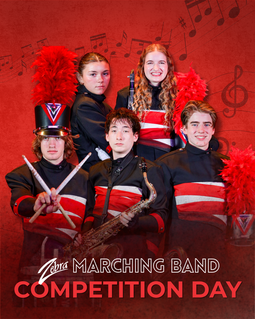 Band members in uniform with instruments on competition day graphic.