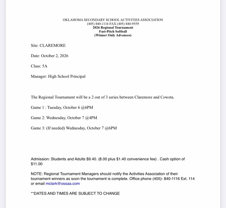 Softball Regional Schedule
