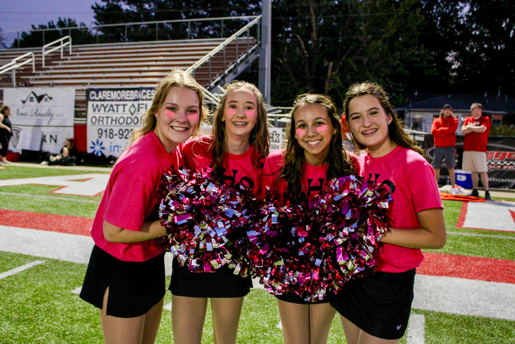 Zebra Dance team dressed in pink pose together on the sideline.