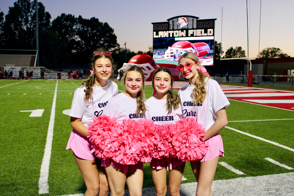Cheerleaders dressed in pink pose together at Lantow Field.