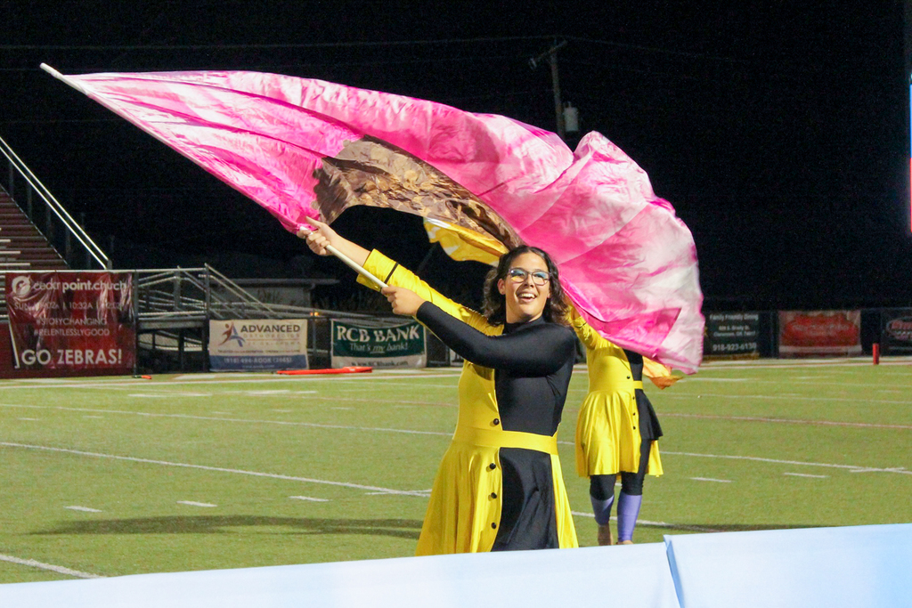 Color guard performs with a large pink flag during Pink Out.