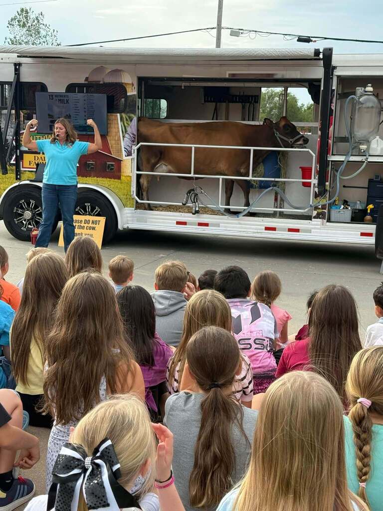 Students watch Suzie present with Cheryl the Cow.
