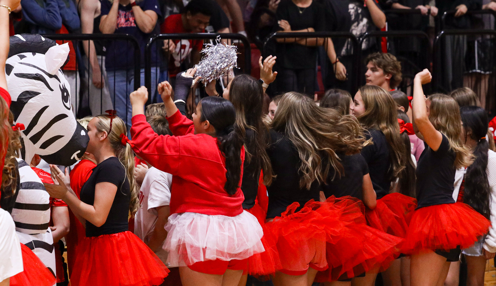 Students in red tutus cheer alongside the Zebra mascot.