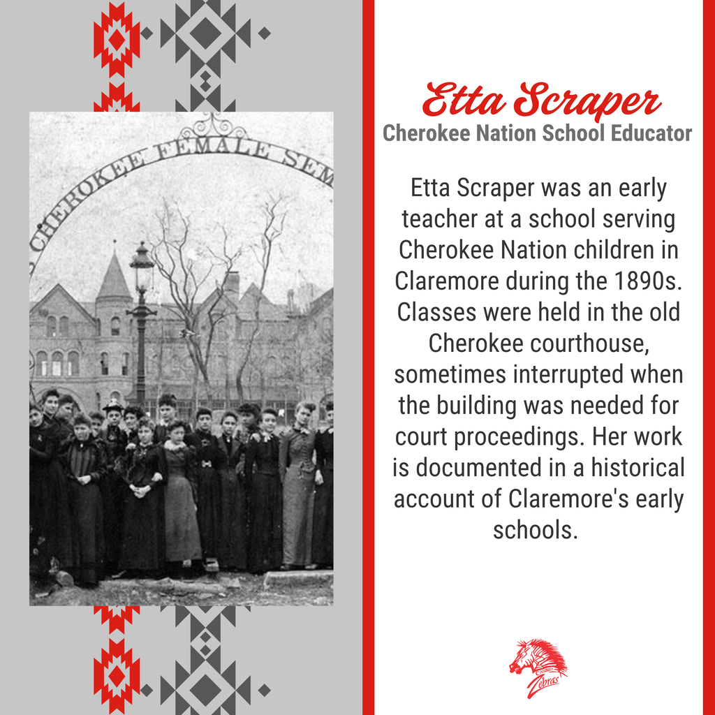 Historical photograph of Cherokee Female Seminary students beside text about Etta Scraper's work as an early Claremore educator.