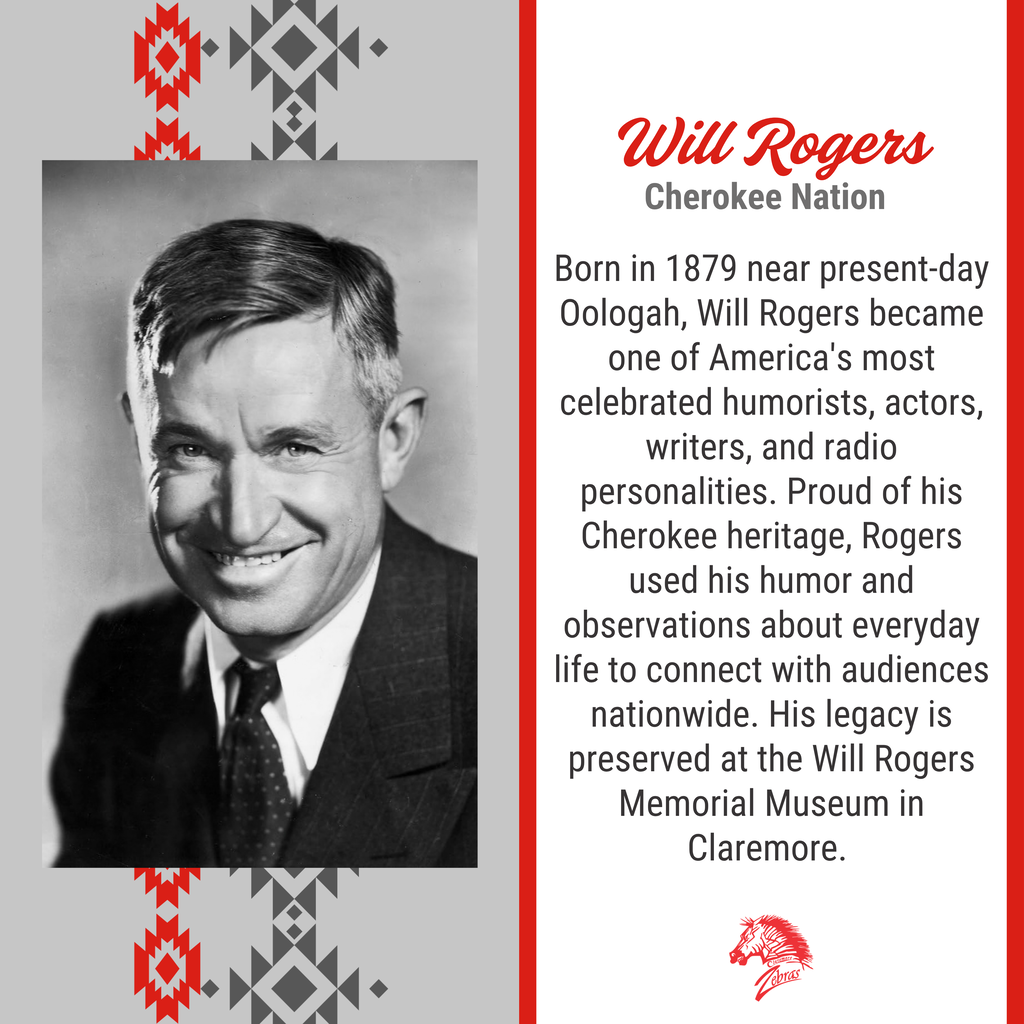 Black-and-white portrait of Will Rogers beside text highlighting his Cherokee heritage and entertainment career.