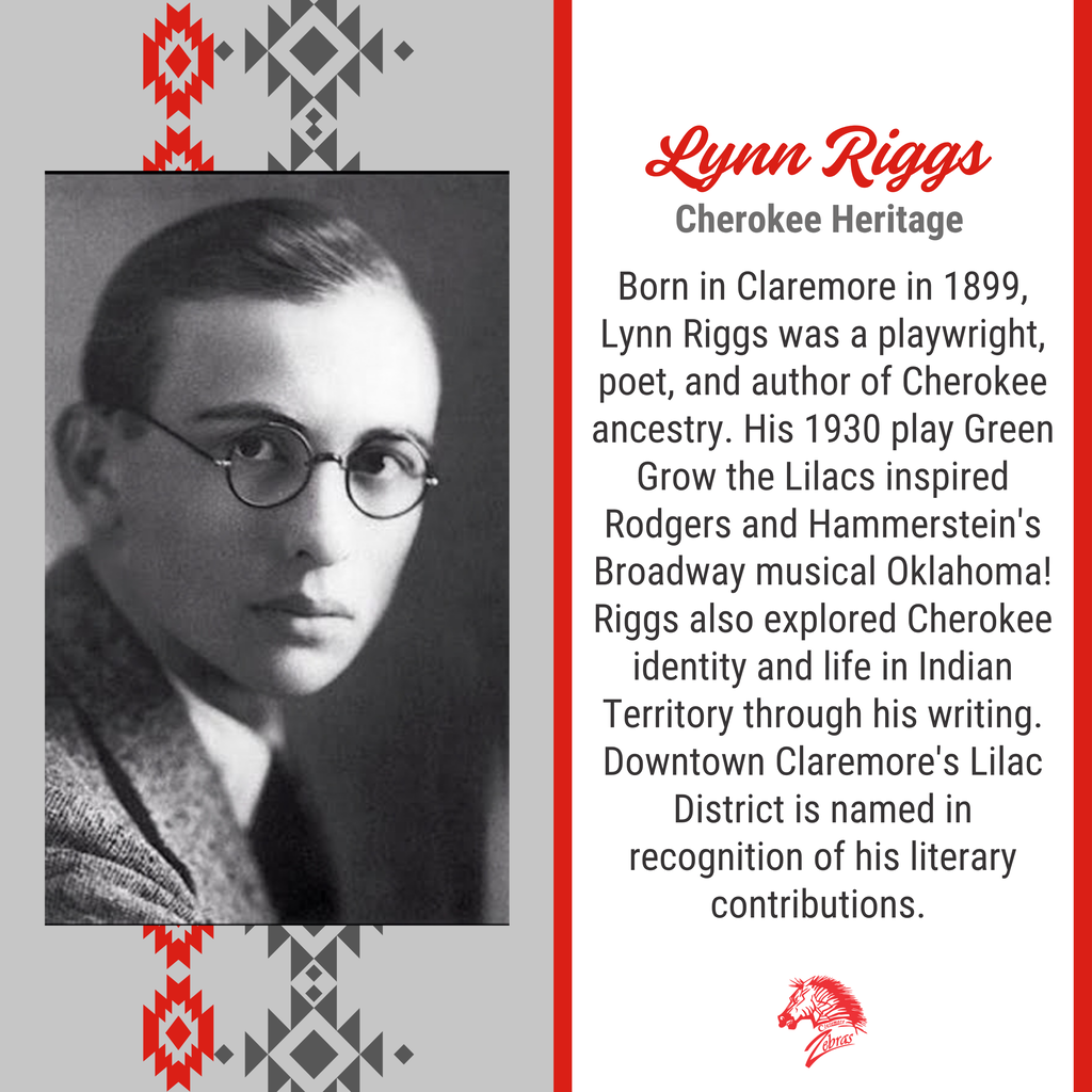Black-and-white portrait of Lynn Riggs beside text about his Cherokee ancestry and the play that inspired Oklahoma!