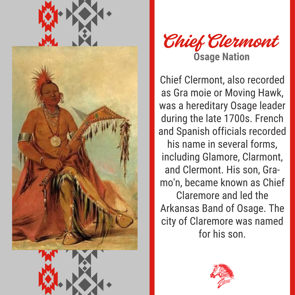 Historical painting of an Osage leader beside a biography explaining his family's connection to Claremore's name.