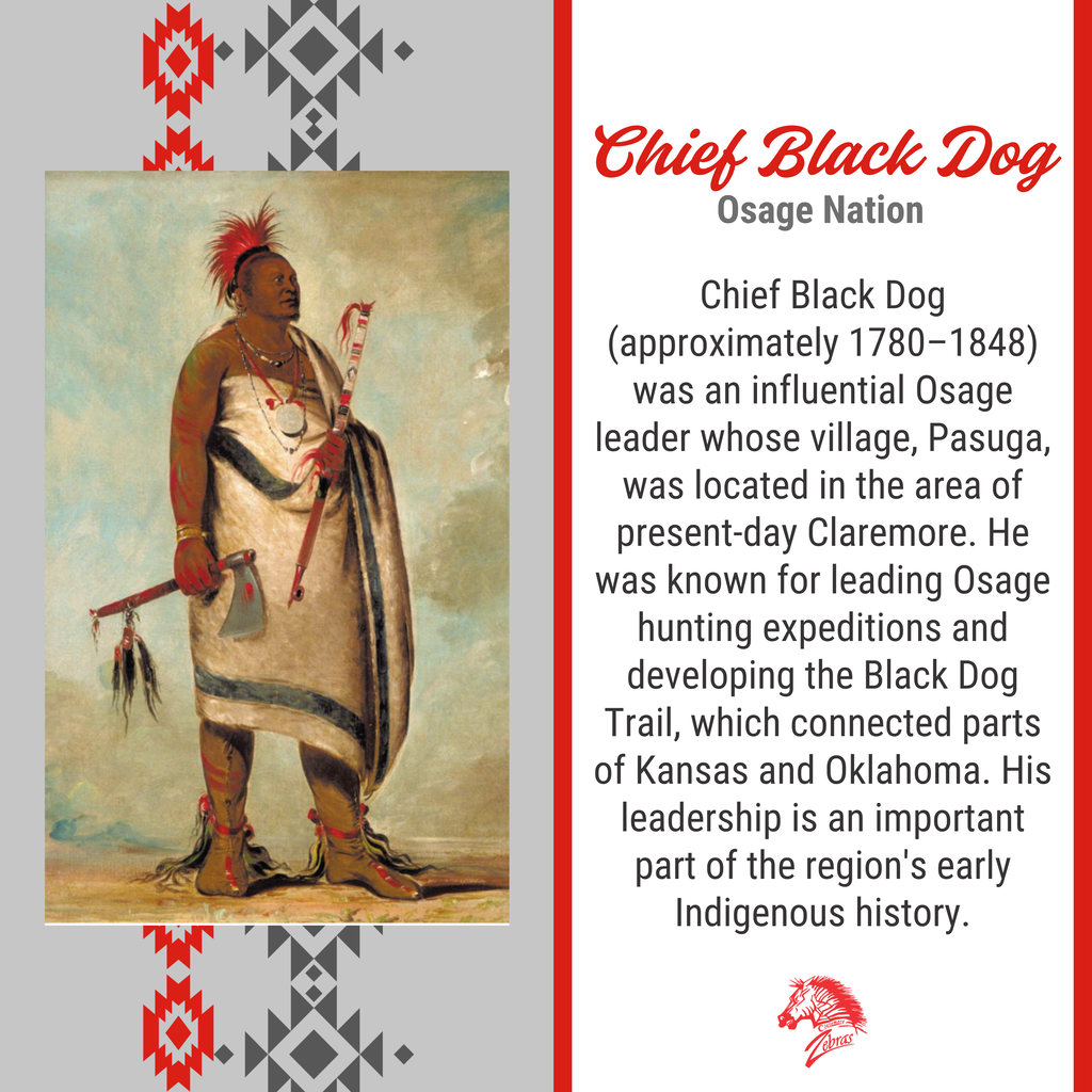 Historical painting of an Osage leader beside text describing Chief Black Dog's leadership and the Black Dog Trail.
