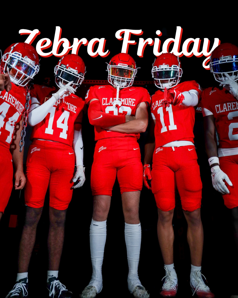 Five Zebra football players pose in red uniforms and helmets.