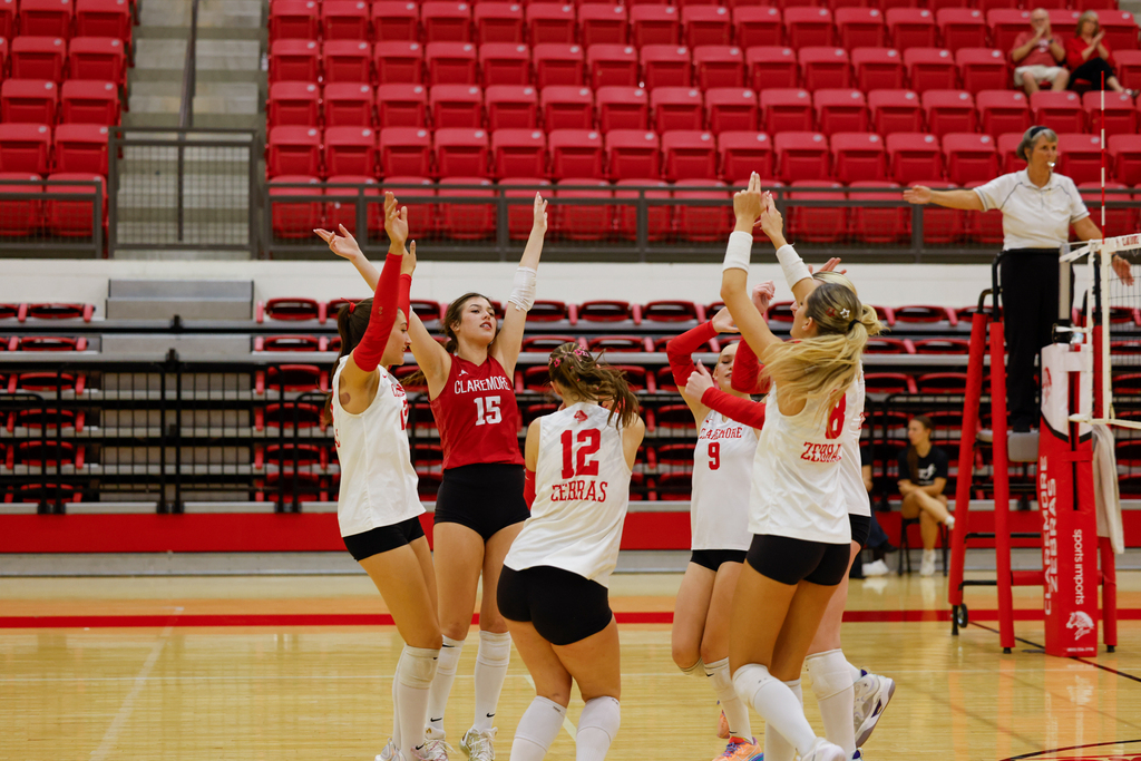Lady Zebra volleyball players celebrate a point near the net.