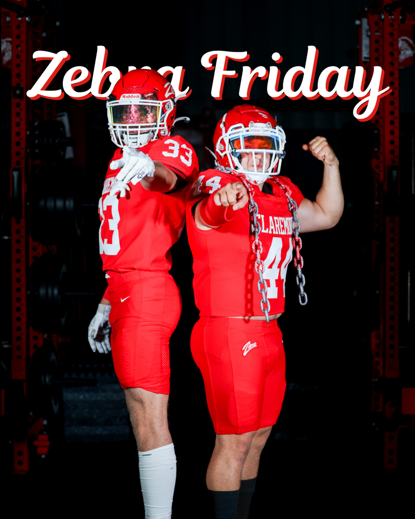 Two Claremore football players point toward the camera on a Zebra Friday graphic.