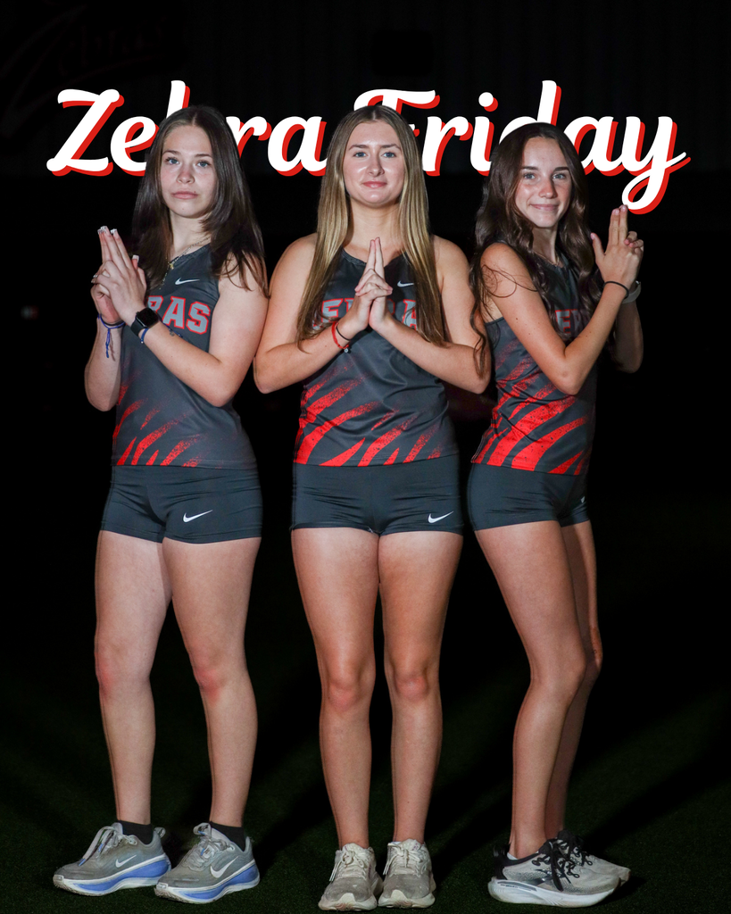 Three Cross Country runners posed on a Zebra Friday graphic.