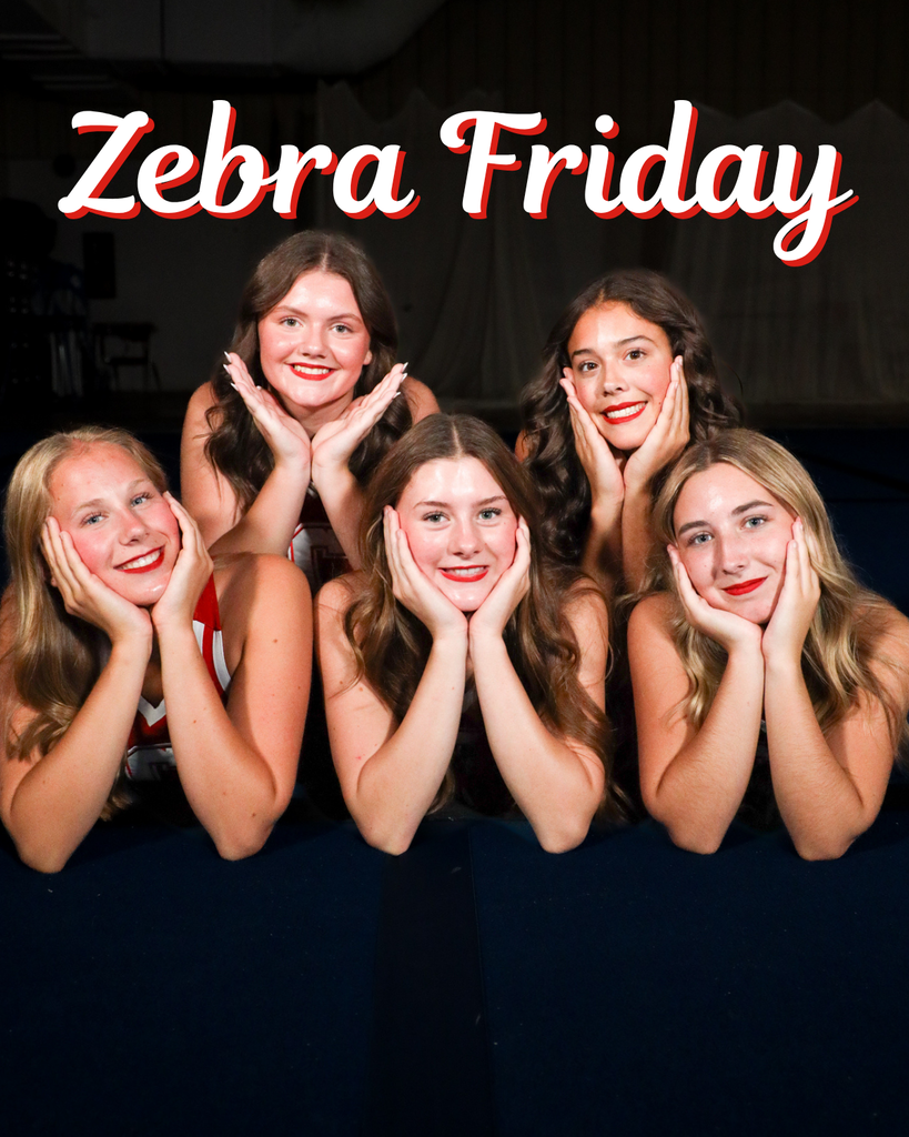 Five Claremore cheerleaders pose playfully on a Zebra Friday graphic.
