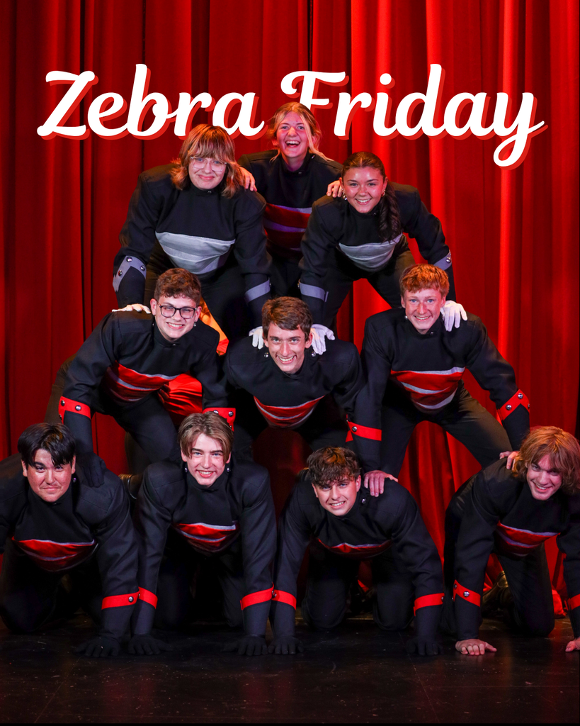 Ten Claremore band members form a human pyramid on a Zebra Friday graphic.