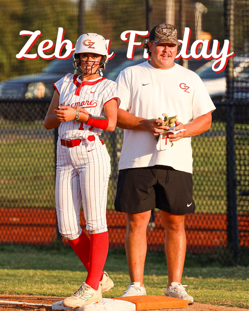 A Claremore softball player and coach smile together on a Zebra Friday graphic.