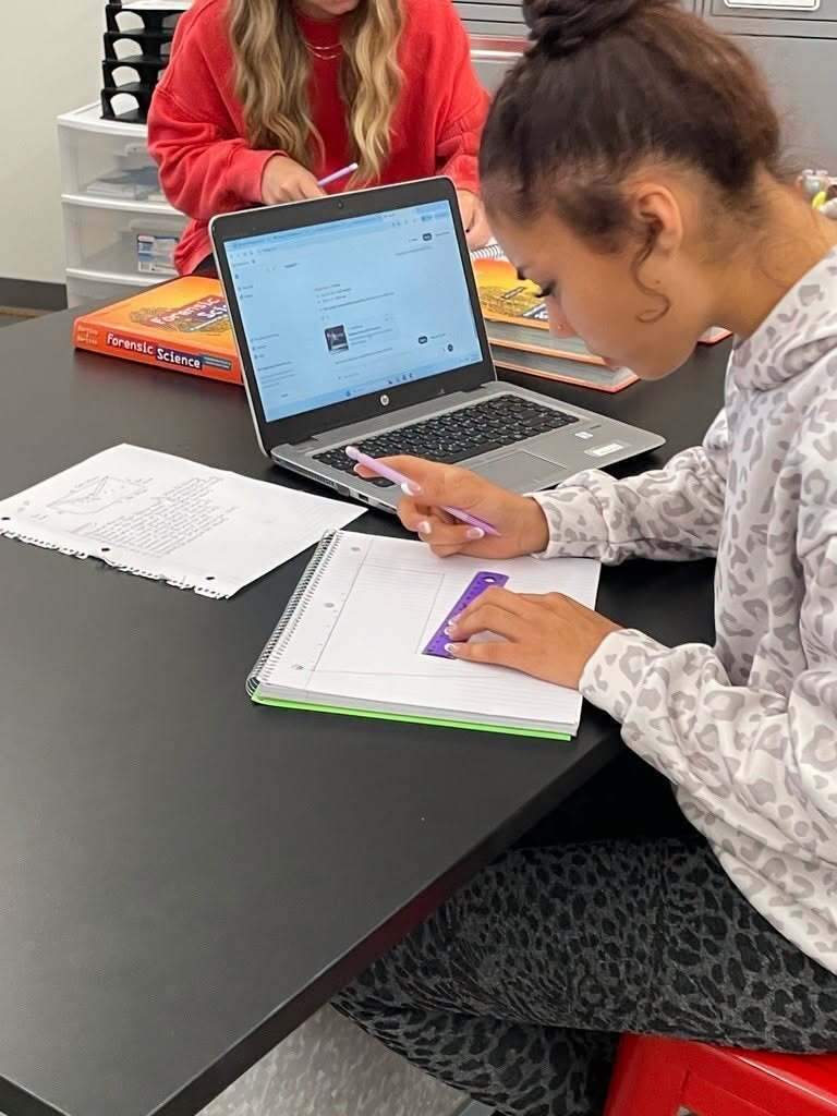 Student working in a notebook beside a laptop during class.