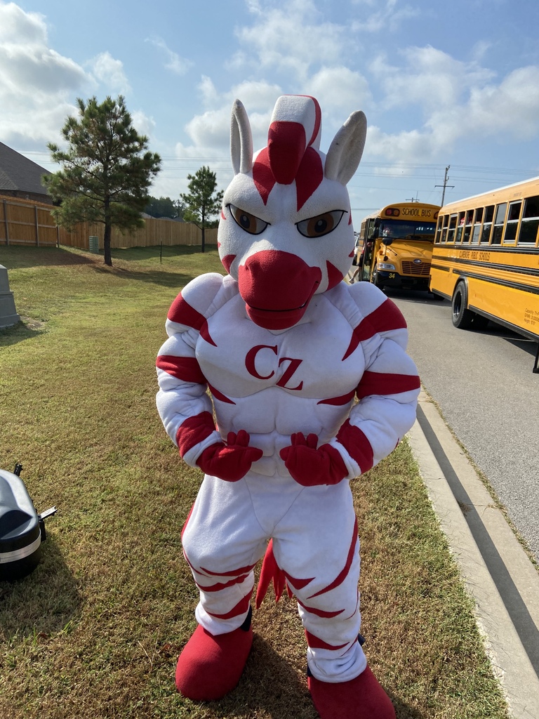 The Claremore Zebra mascot poses near two yellow school buses.